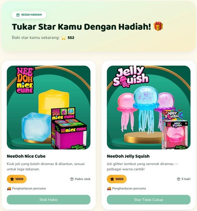 Screenshot Kedai Hadiah Kalifah dengan baki star dan hadiah untuk ditebus