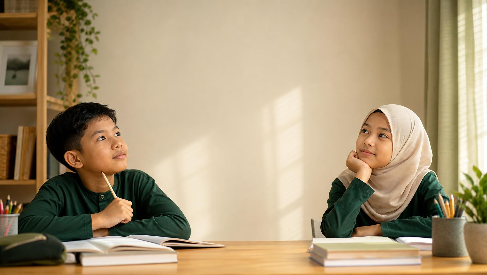 Dua murid sekolah rendah sedang berfikir di meja belajar